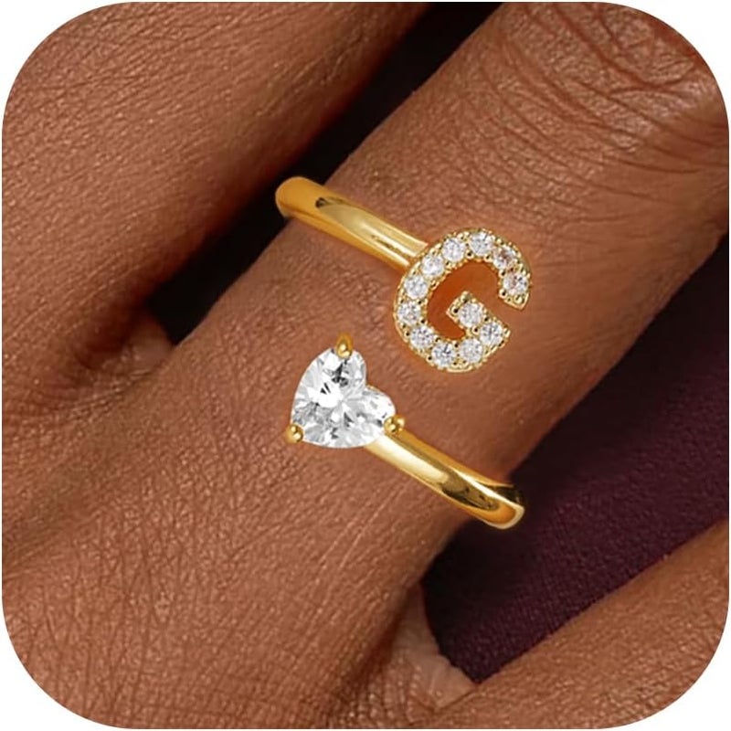 Treasure Bender Valentines Day Gifts Initial Gold Rings for Girls Women - Dainty 14K Gold Plated Adjustable Letter A-Z Rings Teen Girls Gifts Trendy Stuff Heart CZ Initial Ring Teens Birthday Gift - Image 1